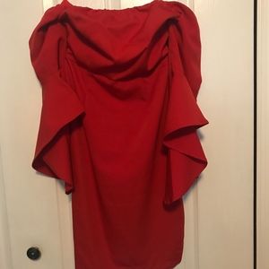 Tea & Cup Strapless Red Dress Ruffle Bell Sleeve